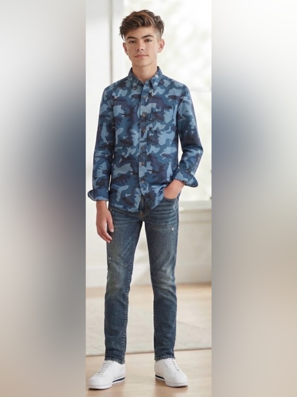 💕Place Boy Camouflage Long Sleeve Button Down Shirt